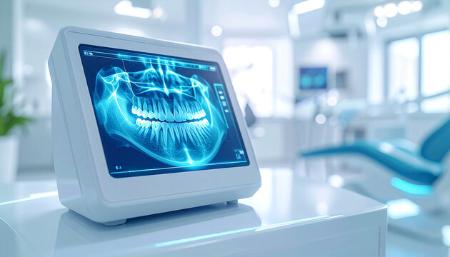 Dental X-ray Display: A modern dental clinic showcases an advanced digital display projecting a detailed panoramic x-ray of human teeth and jawbone, symbolizing modern dental diagnostics and care.