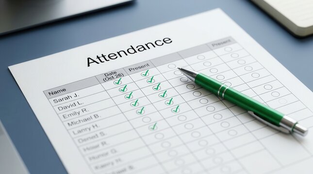 Verification and compliance in a business setting illustrated by an attendance sheet marked with a pen