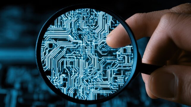 Circuit board magnified under magnifying glass