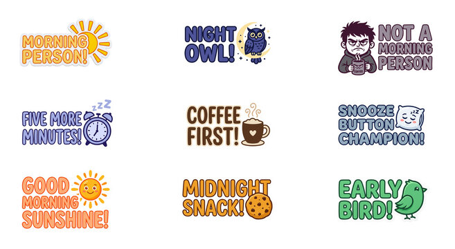 Morning routine and coffee sticker pack clipart set, daily life png cut out illustrations