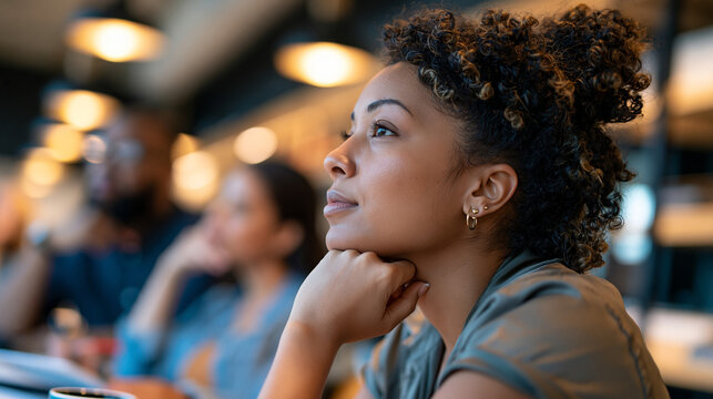 Photorealistic diverse employee responding thoughtfully after hearing a subtle inappropriate remark during a meeting, colleague recognizing discomfort and manager facilitating