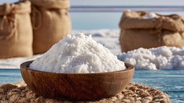 Bulk white crystals in wooden bowl with burlap bags background