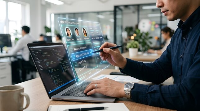 Professional developer using futuristic holographic interface to manage business workflow tasks