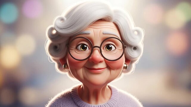 Happy Elderly Woman with Glasses Smiling and Laughing Animated Character