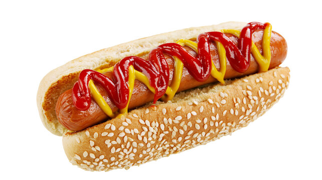 Juicy grilled hot dog with ketchup and mustard, isolated on transparent background