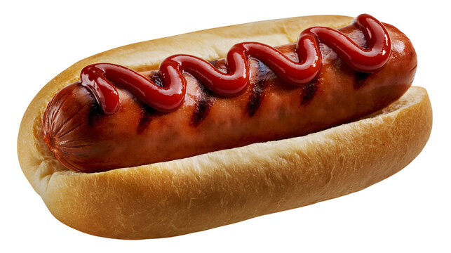 Grilled sausage with ketchup in a bun, isolated on transparent background