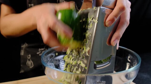 A person grates a green zucchini with a metal grater into a glass bowl in a kitchen, Cooking.