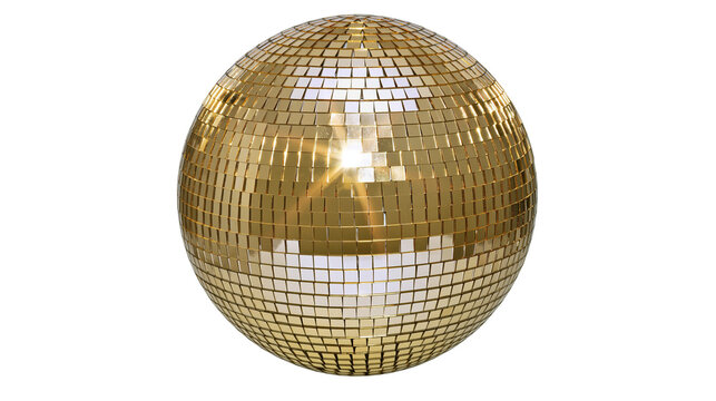 Golden disco ball covered in mirrored squares, isolated on transparent background