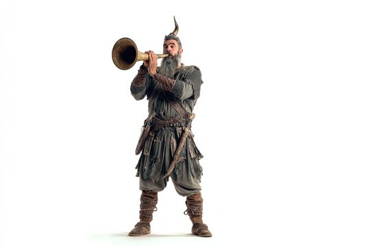 A medieval musician dressed in a detailed, aged costume plays a medieval horn, conveying a sense of historical performance and ancient music.