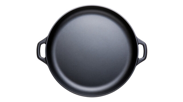 Black cast iron skillet with two handles, isolated on transparent background