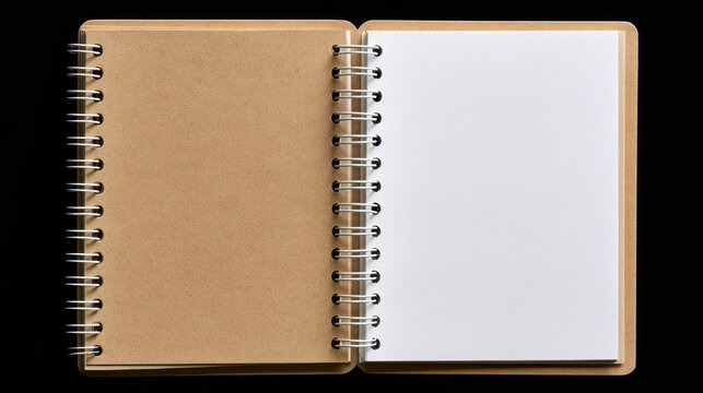 Open spiral notebook with blank white paper and kraft cover