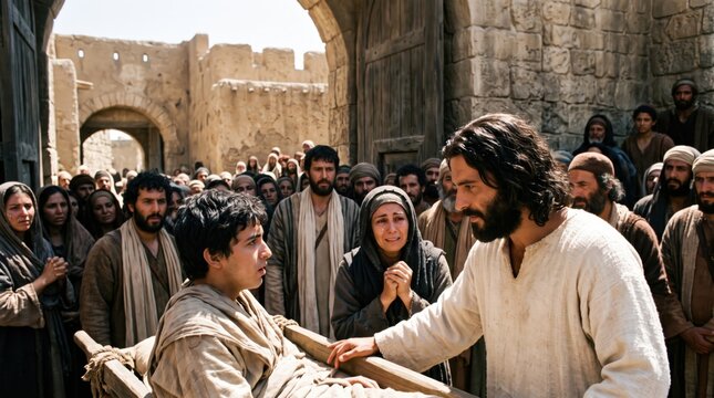 Jesus raising the son of the widow of Nain from the dead. Biblical scene depicting the miracle of resurrection as described in the Gospel of Luke. Religious historical narrative.