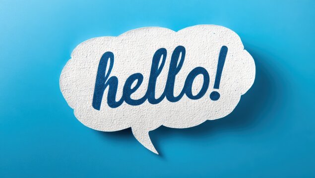 A textured paper speech bubble cutout featuring the word hello written in bold dark blue text against a cyan background communication greeting dialogue textured minimalist background