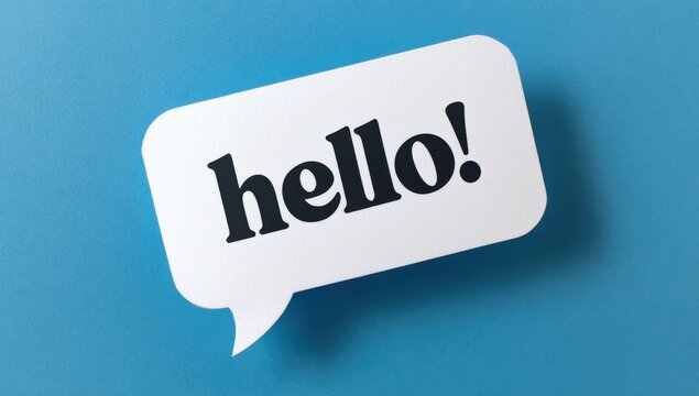 White paper speech bubble cutout with bold black typography of the word hello positioned on a blue background greeting communication textured background dialogue minimalist interaction