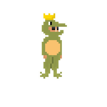 Pixel art illustration of a cute frog king holding a crown