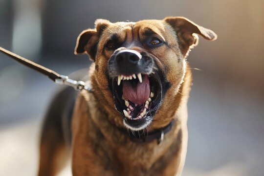 Angry dog barking and showing teeth while on leash