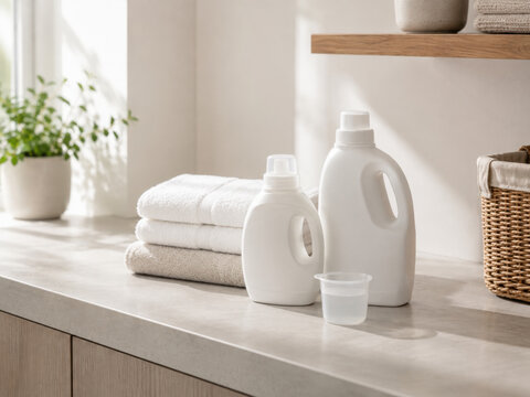 Minimal White Laundry Detergent Bottles with Folded Towels on Modern Countertop