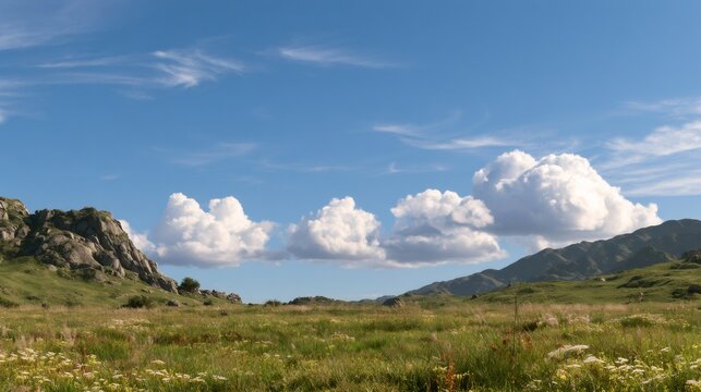 Green meadow and rocky mountains under blue sky