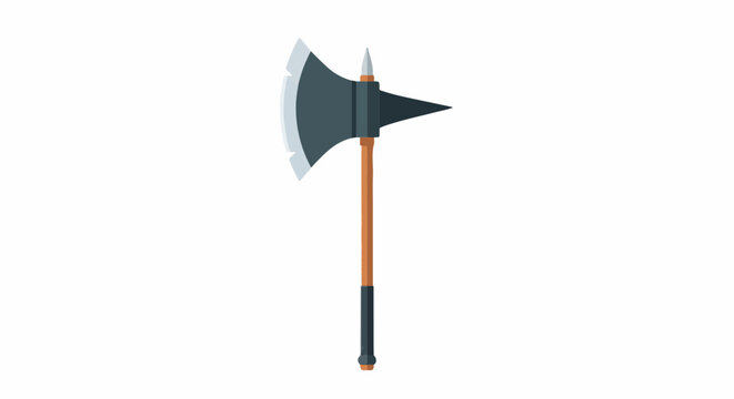 Sharp medieval battle axe with wooden handle and pointed spike