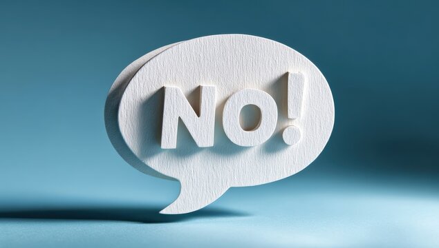 White three dimensional speech bubble with raised letters saying no on a blue background dimensional negation communication background disagreement exclamation punctuation lighting