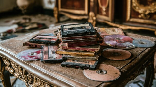 Retro audio cassettes and compact discs on vintage table