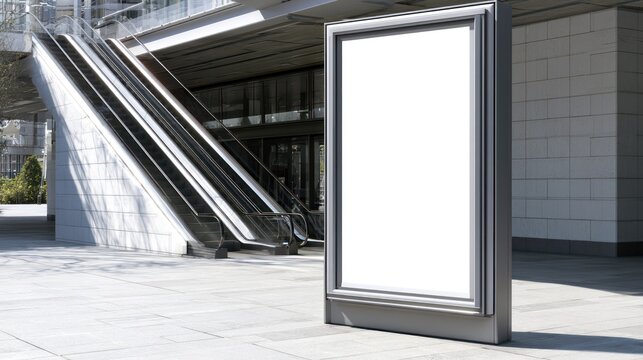 Blank billboard near escalator in modern urban setting