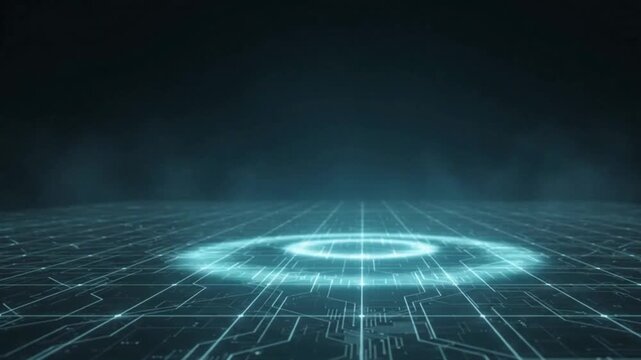 Expansive, infinitely receding floor plane constructed from a softly pulsing luminescent cyan mesh of grid lines, technology background loop
