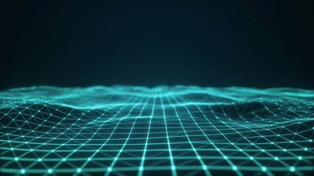 Expansive, infinitely receding floor plane constructed from a softly pulsing luminescent cyan mesh of grid lines, technology background loop