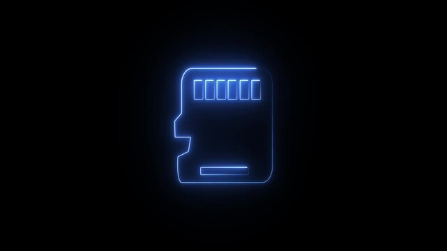 Glowing blue neon light micro SD memory card sign for digital data storage technology