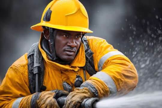 Firefighter man holding hose spraying water doing rescue duty