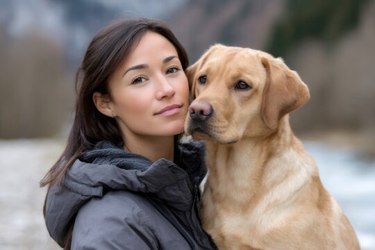 Woman and golden labrador dog sharing friendship outdoors