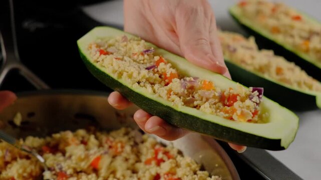 Hands scoop filling into hollowed zucchini halves on a dark countertop in a Cooking kitchen, using a metal spoon from a bowl of yellow-beige stuffing with carrots and red onion.
