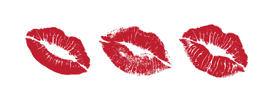 Red lipstick kiss mark collection isolated on transparent background. Realistic lip print stamps for beauty romance fashion branding and creative graphic design. High resolution set.