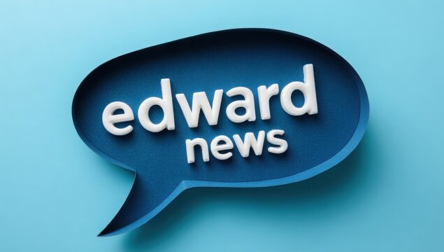 A dimensional speech bubble icon displaying the text edward news on a blue background representing media updates with communication announcement information dialogue reporting headline