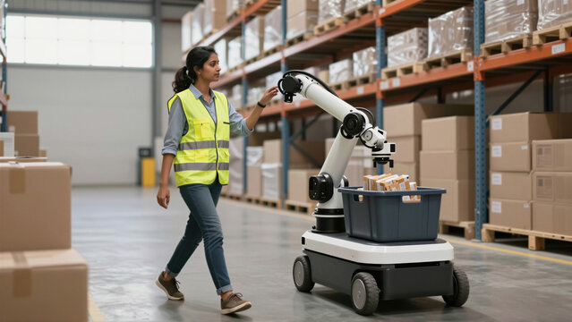 An Indian woman in a safety vest oversees an autonomous mobile robot with a robotic arm transporting packages in a modern warehouse. This illustrates advanced logistics and automation tec