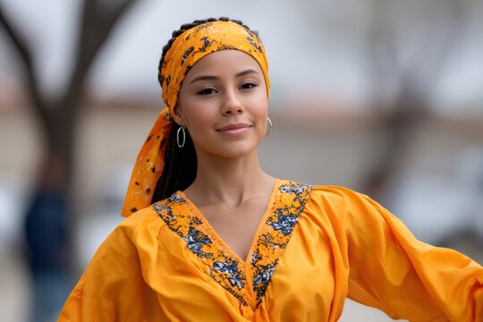 Young woman wearing traditional orange clothing and headscarf