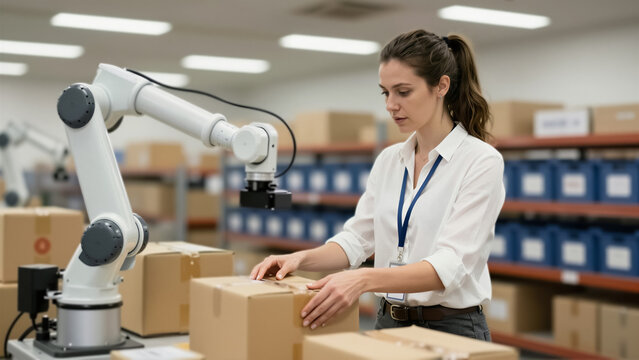 A focused woman manages automated logistics in a modern warehouse, working alongside a collaborative robot. This smart factory setup highlights advanced e-commerce fulfillment and industr