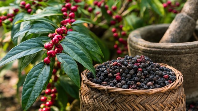 Ripe and dried spice berries and plant