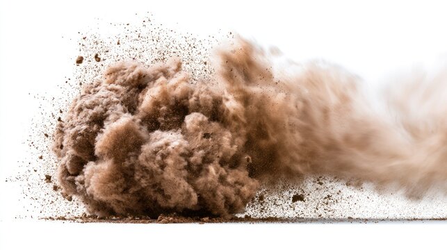 Explosion of dirt and dust clouds isolated on white