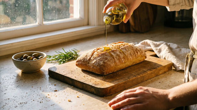 Pouring Olive Oil Over Ciabatta Bread in Bright Kitchen Setting