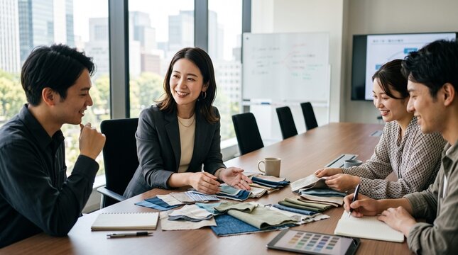 会議室にて、テーブルに置かれた数種類の布の生地を見ながら、若いチームメンバー数名と穏やかな笑顔で議論している商品開発担当20代日本人女性社員のクローズアップポートレート