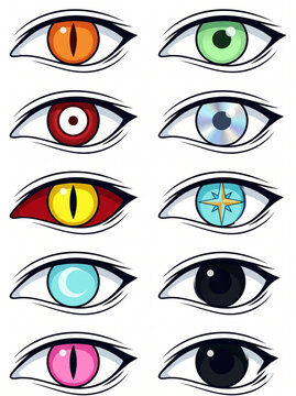 Stylized anime and fantasy vector eye set collection featuring cat slits, crescent moons, stars, and colorful iris designs for character design