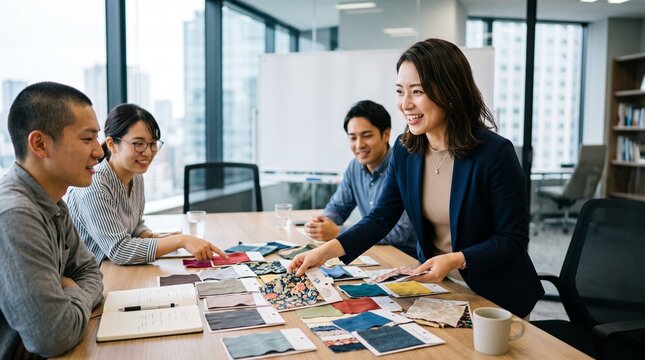 会議室にて、テーブルに置かれた数種類の布の生地を見ながら、若いチームメンバー数名と穏やかな笑顔で議論している商品開発担当20代日本人女性社員のクローズアップポートレート