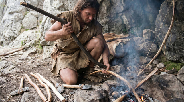 Prehistoric Man Crafting Fire with Sticks in Cave Dwelling Setting