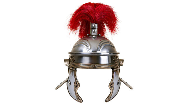 Ornate Roman legionary helmet with red plume, isolated on transparent background