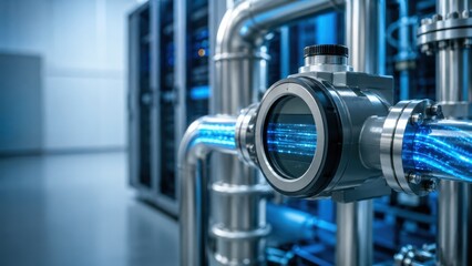 Fototapeta premium Data center server room liquid cooling pipes with blue digital light streams