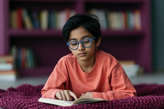 Young reader with glasses on a textured blanket in a home library for study background and calm educational lifestyle design