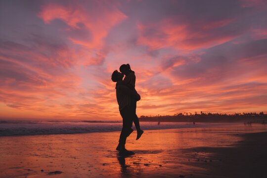 Romantic couple silhouetted while embracing on the beach during sunset with silhouette affection partners intimacy togetherness happiness relationship twilight vacation beautiful