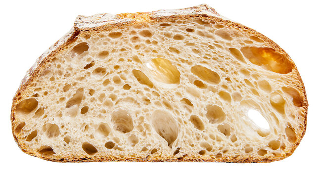 Crusty sourdough bread slice with large airy holes, isolated on transparent background