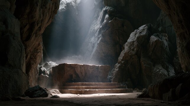 Ancient stone platform with steps illuminated by light shaft